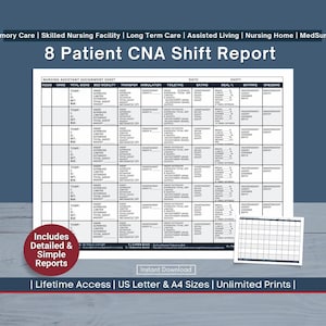 Puede incluir: Una plantilla de informe de turno de auxiliar de enfermería blanca con el título "8 Patient CNA Shift Report". El formulario incluye secciones para los signos vitales, la movilidad y los hábitos alimenticios del paciente. El texto de la imagen incluye "Includes Detailed & Simple Reports" e "Instant Download."