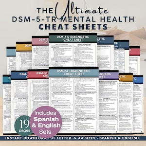 May include: A collection of DSM-5-TR mental health cheat sheets featuring 19 pages of diagnostic information. The documents include text in English and Spanish, presented in US Letter and A4 sizes, organized as a set of printable reference guides.