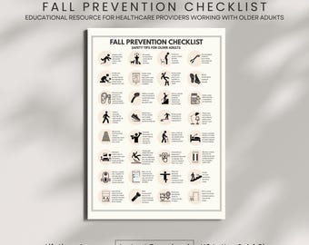 May include: A beige poster titled "Fall Prevention Checklist" with safety tips for older adults. The poster includes various icons illustrating fall prevention measures. Text at the bottom reads "Lifetime Access", "Instant Download", and "US Letter & A4 Sizes".