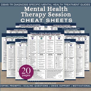 Könnte beinhalten: Eine Sammlung von 20 Seiten mit DSM5-TR-diagnosespezifischen Behandlungsleitfäden für Therapiesitzungen. Die weißen Dokumente haben dunkelblauen Text und Ränder und sind in Abschnitte wie therapeutischer Prozess und Skalierungsfragen unterteilt.