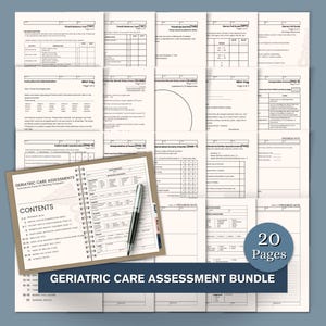May include: A collection of 20 pages of geriatric care assessment forms and charting templates. The forms include assessments for mental status, anxiety, and fall risk. A spiral-bound notebook and pen are visible.