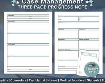 Case-Manager-Fortschrittsnotiz zum Ausdrucken, Besuchsnotizen für Sozialarbeiter, RN-Fallmanagement-Einschätzungsbogen, Krankenschwesternotizen (PDF-Download)