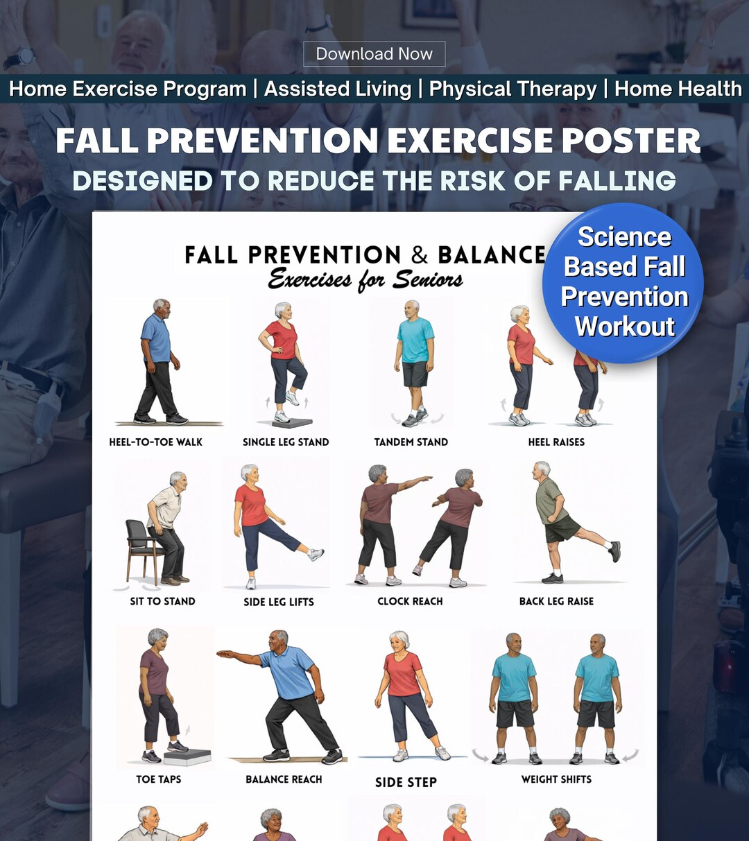 Fall Prevention Balance Exercises for Seniors Poster | 16 Easy ...