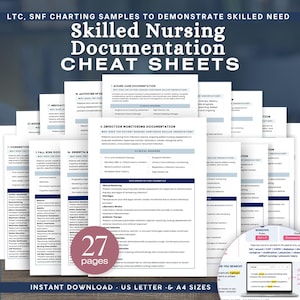 Puede incluir: Una colección de documentos de papel blanco titulada Skilled Nursing Documentation Cheat Sheets, que presenta 27 páginas de muestras de gráficos clínicos para entornos LTC y SNF. Las páginas incluyen secciones sobre cuidado de heridas.