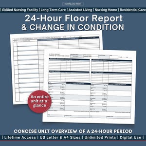 May include: A 24-Hour Floor Report document with the text "24-Hour Floor Report & Change in Condition". The document includes sections for resident condition, nursing unit activities, and change of condition reports. A red circle with the text "An entire unit at-a-glance" is also present.
