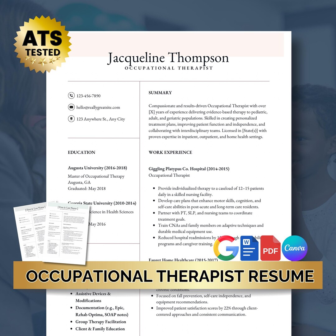 Occupational Therapist Resume Template, OT Resume Template ...