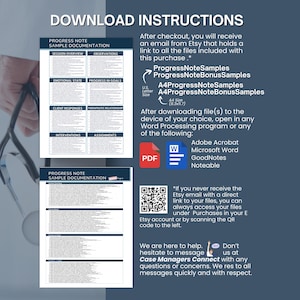 May include: A digital download document with instructions for accessing files after purchase. The document includes sections for progress note sample documentation, with options for Adobe Acrobat and Microsoft Word. The text includes "Progress Note Samples" and "Case Managers Connect."
