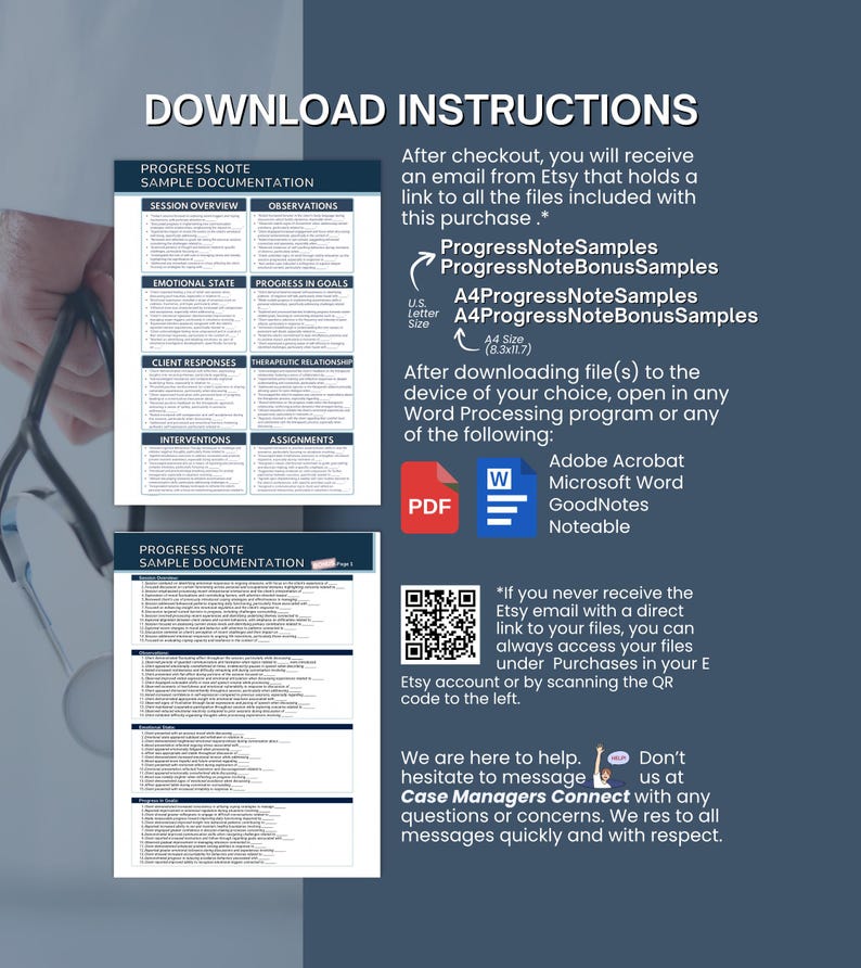May include: A digital download document with instructions for accessing files after purchase. The document includes sections for progress note sample documentation, with options for Adobe Acrobat and Microsoft Word. The text includes "Progress Note Samples" and "Case Managers Connect."