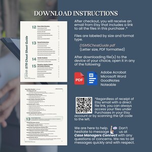 May include: A digital download guide titled "DSM-5TR Cheat Sheet Guide" with instructions. The guide includes a table of contents and sections on sleep-wake disorders, sexual dysfunctions, and other topics. The download includes a PDF file.