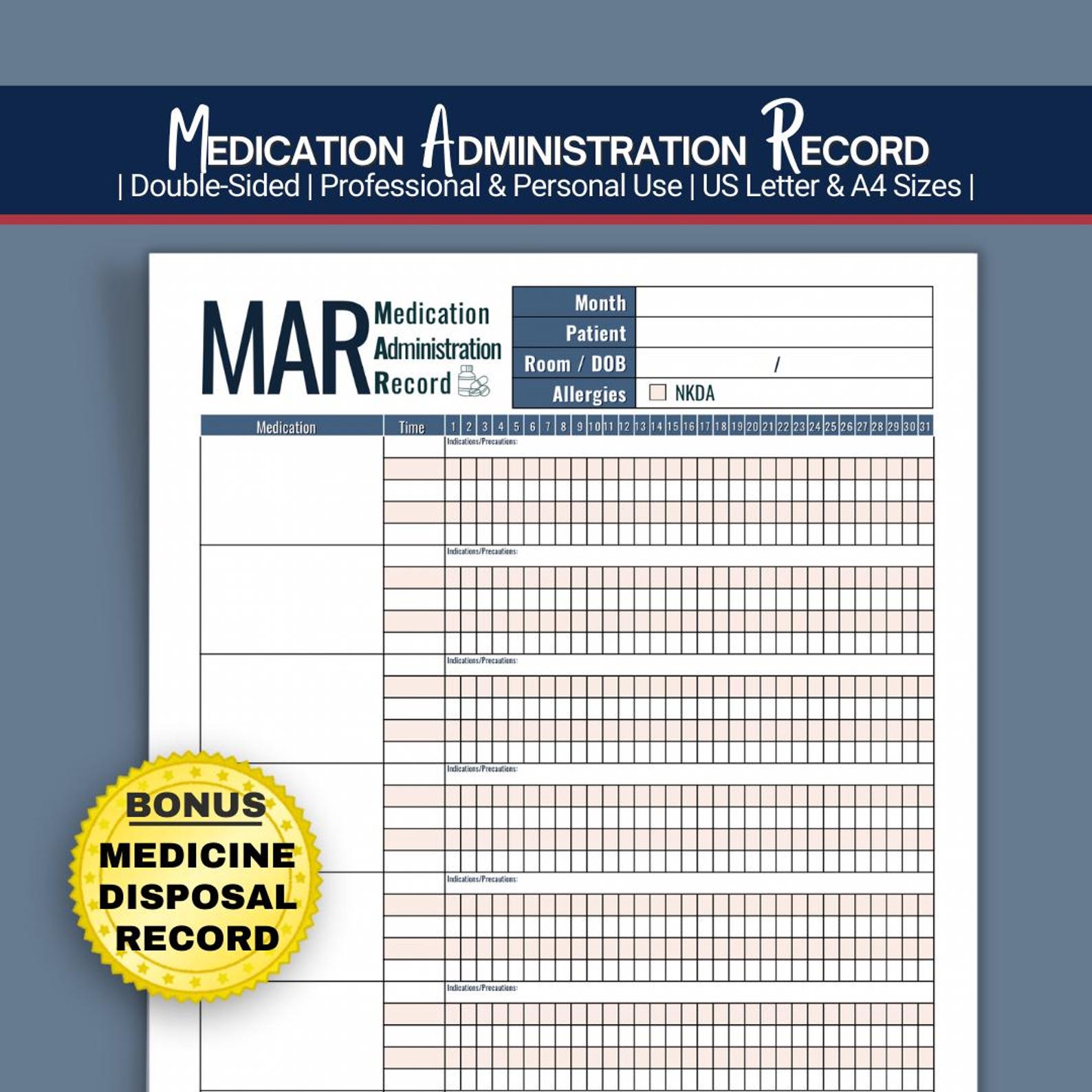 Medicine Administration Record MAR, Printable Medicine Tracker for Home ...