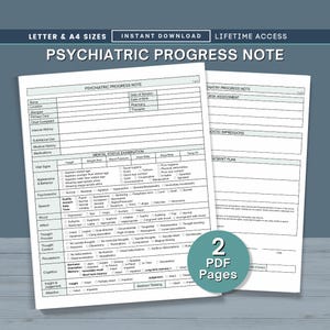 Puede incluir: Plantilla de nota de progreso psiquiátrico de dos páginas con secciones para información del paciente, examen del estado mental y plan de tratamiento. Incluye texto: "Letter & A4 Sizes", "Instant Download", "Lifetime Access" y "2 PDF Pages".