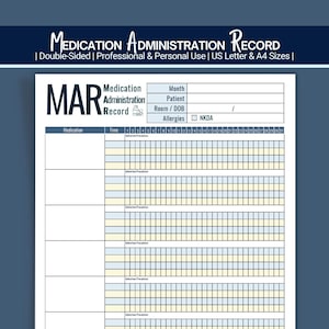 MAR Medicine Administration Record, afdrukbare medicijntracker voor thuis, facilitair, persoonlijk en professioneel gebruik (pdf-download)