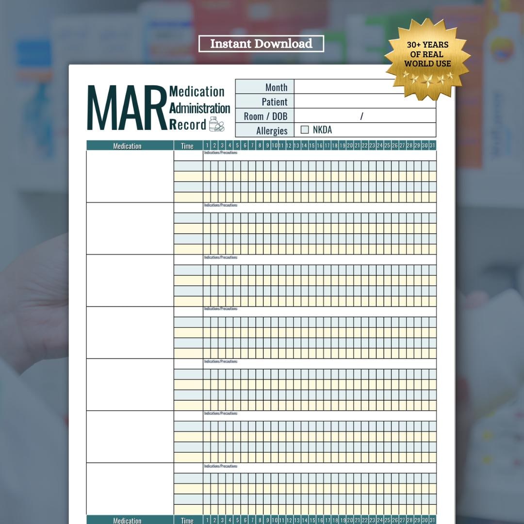 Mar Format Printable Medication Administration Record (MAR): Monthly Medicine ...