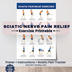 May include: A poster with illustrations of exercises for sciatic pain relief. The poster includes instructions and a pain tracker. Text on the poster reads "Sciatic Nerve Pain Relief - Exercise Printable". Available in Letter, A4, and poster sizes.