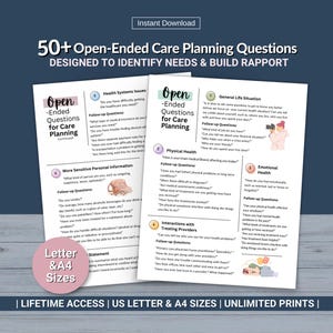 Op de afbeelding: Twee afdrukbare pagina's met open vragen over zorgplanning. De pagina's bevatten vragen over algemene levenssituaties, fysieke gezondheid en emotionele gezondheid. De tekst bevat "Direct downloaden" en "US Letter & A4 formaten".