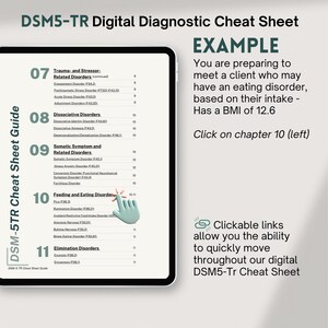 May include: A digital DSM5-TR diagnostic cheat sheet on a tablet. The screen displays a list of mental health disorders, including trauma, dissociative, and eating disorders. The text "EXAMPLE" and instructions are also visible.