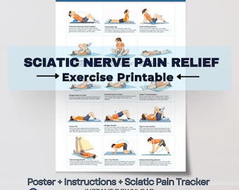 Ejercicios imprimibles para aliviar el dolor de ciática, póster con rutina de estiramientos para el dolor lumbar, tabla de movilidad del nervio ciático (descarga en PDF).