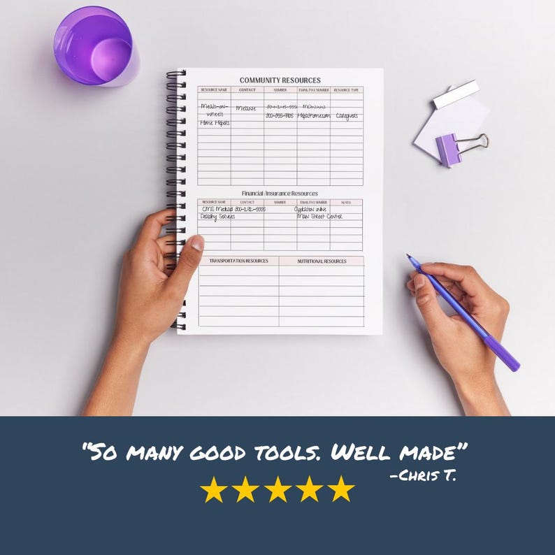 May include: A spiral-bound notebook displaying a community resources chart. The notebook is open, showing sections for resource names, contact details, and resource types. A purple pen and cup are also visible. The text reads: "SO MANY GOOD TOOLS. WELL MADE" - CHRIS T.