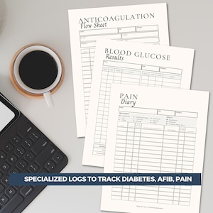 Three caregiver planner medical log sheets with black text, including "Anticoagulation Flow Sheet," "Blood Glucose Results," and "Pain Diary." A cup of coffee sits on a wooden coaster next to a tablet with a keyboard. The text "SPECIALIZED LOGS TO TRACK DIABETES, AFIB, PAIN" is at the bottom.