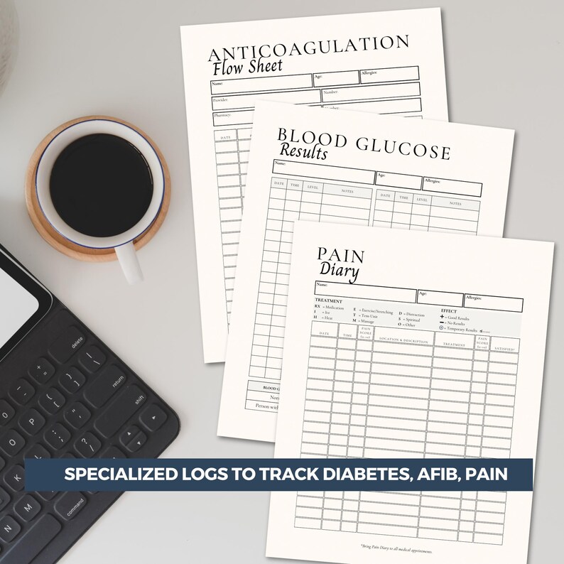 Three caregiver planner medical log sheets with black text, including "Anticoagulation Flow Sheet," "Blood Glucose Results," and "Pain Diary." A cup of coffee sits on a wooden coaster next to a tablet with a keyboard. The text "SPECIALIZED LOGS TO TRACK DIABETES, AFIB, PAIN" is at the bottom.