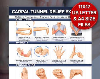 Carpal Tunnel Relief Exercises Poster + Instruction Sheet | Wrist & Hand Stretch Chart | Physical Therapy Hand Exercises | Office Wrist Pain