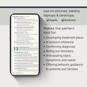 May include: A smartphone displays a medical reference guide with sleep and sexual dysfunction topics. The screen shows lists of disorders and symptoms, with text like "Delayed Ejaculation" and "Narcolepsy." The app is designed for phones, tablets, laptops, and desktops.