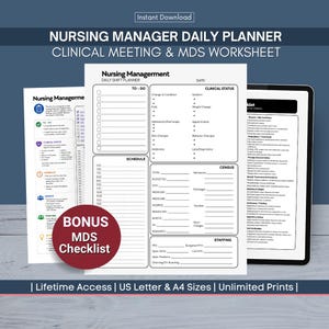May include: A Nursing Manager Daily Planner and Clinical Meeting and MDS Worksheet set. The documents feature sections for to-do lists, clinical status, schedules, census, and staffing. A red circular badge displays the text Bonus MDS Checklist.