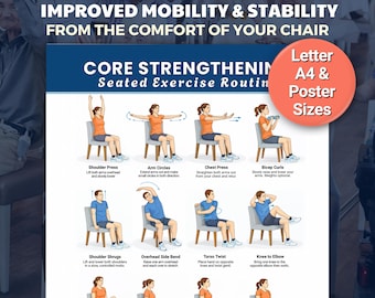 Seated Core Strengthening Exercises for Seniors Poster | 16 Chair Mobility & Balance Exercises | Physical Therapy Printable | 11x17, A4