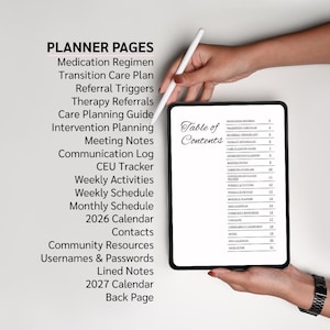May include: A digital tablet displaying a planner's table of contents, held by a person. The tablet's screen shows a list of planner pages, including medication regimen, weekly schedule, and 2026 calendar. A stylus hovers above the screen.