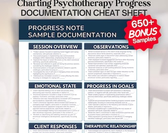 May include: A documentation cheat sheet for therapists, counselors, and medical providers titled Charting Psychotherapy Progress. It features sections for session overview, observations, emotional state, progress in goals, client responses, and therapeutic relationship, plus a red starburst graphic stating 650+ Bonus Samples.