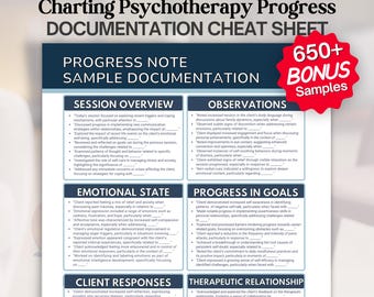 May include: A documentation cheat sheet for therapists, counselors, and medical providers titled Charting Psychotherapy Progress. It features sections for session overview, observations, emotional state, progress in goals, client responses, and therapeutic relationship, plus a red starburst graphic stating 650+ Bonus Samples.