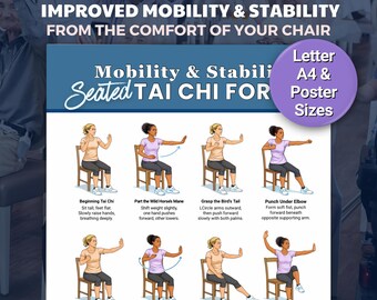 Rutina de ejercicios de Tai Chi en silla (imprimible), tabla de ejercicios y plan de entrenamiento de Tai Chi en silla (PDF), ejercicios de movilidad estilo yoga en silla, descarga digital.