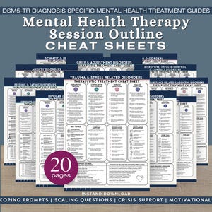 May include: A collection of 20 pages of DSM5-TR diagnosis specific mental health therapy session outline cheat sheets. The documents feature structured sections for therapeutic processes, coping strategies, miracle questions, and scaling questions.