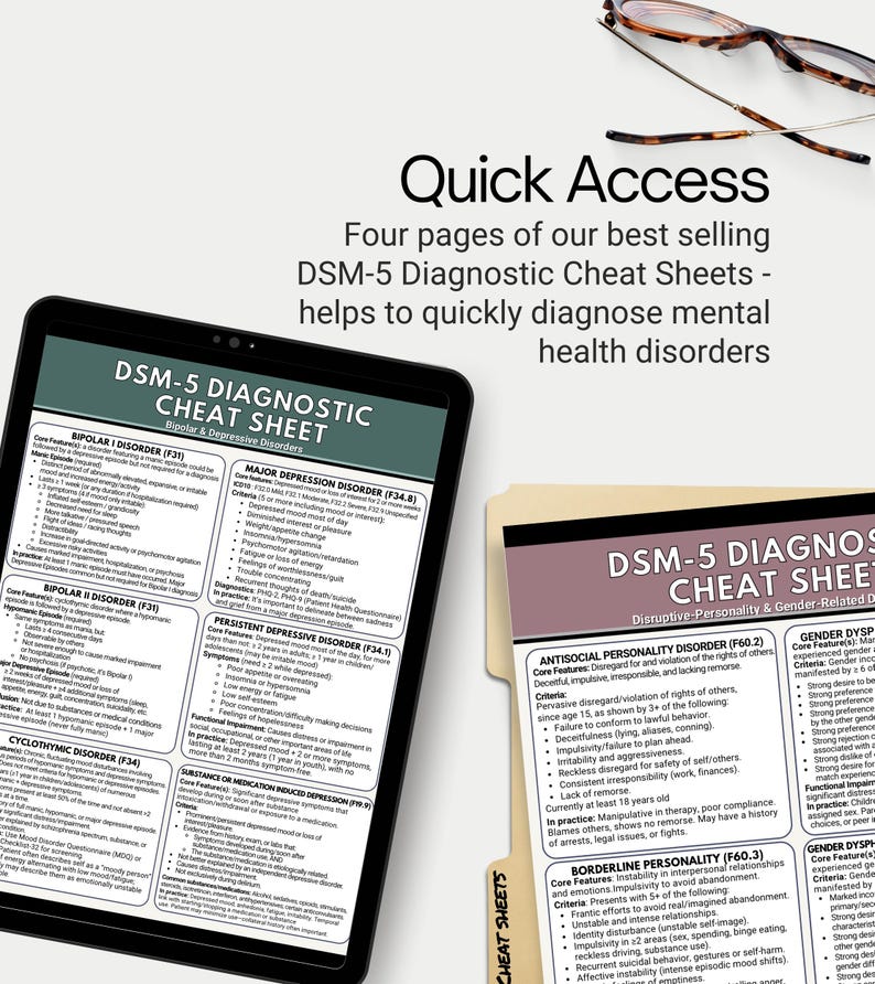 DSM5 Diagnostic Cheat Sheet Bundle, DSM-5 Diagnosis Criteria Guides - Anxiety, Depression, Neurodevelopment, Bipolar Disorders