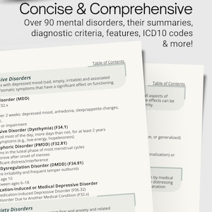 May include: A close-up of two open pages of a document with the title "Concise & Comprehensive" and the text "Over 90 mental disorders, their summaries, diagnostic criteria, features, ICD10 codes & more!" The document lists various mental disorders.
