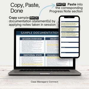 May include: A laptop and smartphone displaying documentation notes. The laptop screen shows "Sample Documentation" with sections for "Session Overview," "Emotional State," and "Observations." The smartphone displays a progress note section. Text includes "Copy, Paste, Done."