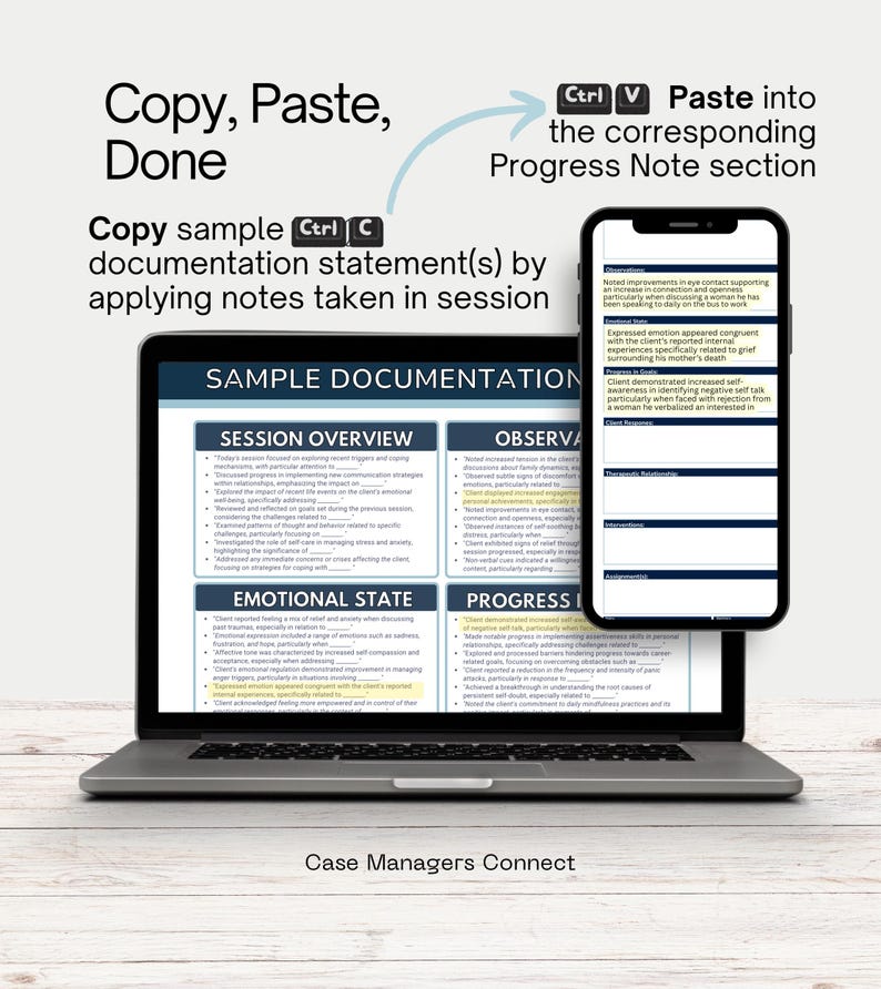 May include: A laptop and smartphone displaying documentation notes. The laptop screen shows "Sample Documentation" with sections for "Session Overview," "Emotional State," and "Observations." The smartphone displays a progress note section. Text includes "Copy, Paste, Done."