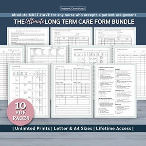 May include: A collection of 10 PDF pages with long-term care forms for nurses. The forms include patient reports, checklists, and trackers. The image text includes "Instant Download" and "The Ultimate Long Term Care Form Bundle."