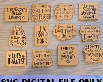 Juego de imanes SVG de perros V2 - Descarga digital - Glowforge, divertido, gracioso, lindo, ingenioso, perrito, cachorro, mascota familiar, imán de escritorio para refrigerador, archivo láser