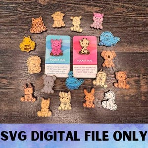 SVG Animal Pocket Hugs - Download file digitale - Glowforge, file tagliato al laser, Scrap Buster, San Valentino, Pasqua, tutte le occasioni, gettone per animali domestici