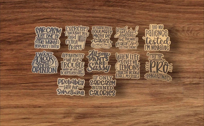 Pu&ograve; includere: Un set di 10 adesivi in legno marrone con frasi divertenti. Le frasi includono "Sarcasmo, solo uno dei tanti servizi che offro", "Esercizio? Pensavo avessi detto patatine fritte extra", "Apparentemente siamo problemi quando stiamo insieme", "Tutti i miei pantaloni sono sfacciati", "Se solo il sarcasmo bruciasse calorie", "Credeva di potercela fare, ma era davvero stanca, quindi non lo ha fatto", "Ho messo alla prova la mia pazienza, sono negativa", "Quando la vita mi d&agrave; limoni, prendo la vodka e chiamo le mie ragazze", "Metto il pro in procrastinare", e "Voglio tacos, non la tua opinione".