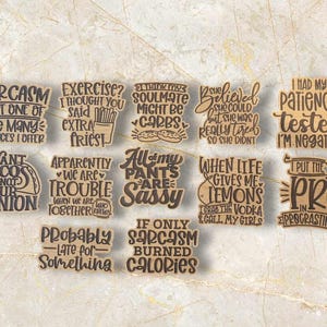 Pu&ograve; includere: Un set di 12 sottobicchieri in legno con frasi divertenti. I sottobicchieri sono marroni e hanno testo nero. Alcune delle frasi includono "Voglio i tacos, non la tua opinione", "Tutti i miei pantaloni sono sfacciati", e "Metto il pro in procrastinare".
