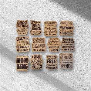 May include: A set of 10 wooden coasters with humorous sayings. The coasters are brown and have a rustic look. The sayings include "Good Morning", "Hey There Train Wreck", "The Chains on My Mood Swing", "I'm Allergic to Stupidity", "Crazy? I Prefer the Term Hilariously Unstable", "Everyone is Entitled to an Opinion. I Just Prefer That It's Mine", "I'm Just an Awkward Foul-Mouthed Sadistic Delight", "Frankly Autoconnect I'm Getting Pretty Tired of Your Shirt", "I Don't Need a Mood Ring I Have a Face", "A Penny for Your Thoughts Seems a Bit Pricey", "2 Places You Can Stay for Free: In Your Lane & Out of My Business", "Once I Get an Attitude It Will Probably Take 3-5 Business Days to Fix My Face".