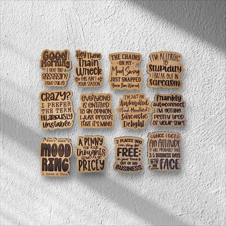May include: A set of 10 wooden coasters with humorous sayings. The coasters are brown and have a rustic look. The sayings include "Good Morning", "Hey There Train Wreck", "The Chains on My Mood Swing", "I'm Allergic to Stupidity", "Crazy? I Prefer the Term Hilariously Unstable", "Everyone is Entitled to an Opinion. I Just Prefer That It's Mine", "I'm Just an Awkward Foul-Mouthed Sadistic Delight", "Frankly Autoconnect I'm Getting Pretty Tired of Your Shirt", "I Don't Need a Mood Ring I Have a Face", "A Penny for Your Thoughts Seems a Bit Pricey", "2 Places You Can Stay for Free: In Your Lane & Out of My Business", "Once I Get an Attitude It Will Probably Take 3-5 Business Days to Fix My Face".