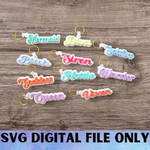 SVG Frau Ermächtigung Worte Schlüsselbund Reißverschluss - Digitaler Download-Glowforge-Datei, Girl-Power, Rucksack, Geldbörse, Geburtstagsgeschenk, Laser-Datei