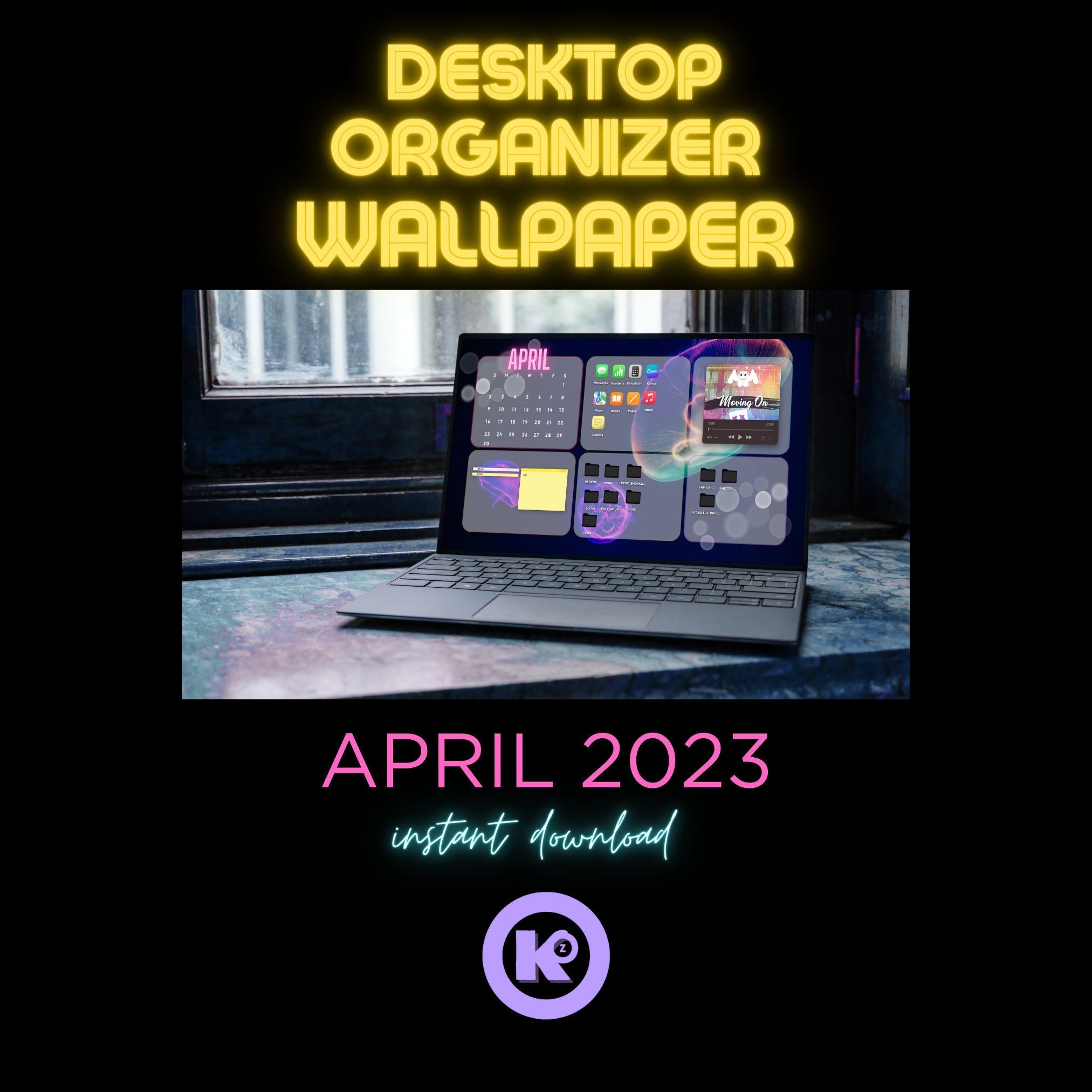 April 2023 Neon Jellyfish Desktop Organizer Wallpaper INSTANT - Etsy
