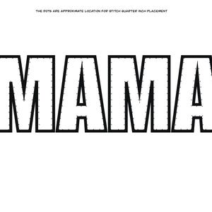 Könnte beinhalten: Fetter, weißer "MAMA"-Text mit schwarzer Umrandung und gepunkteten Details. Der Text ist auf weißem Hintergrund zentriert. Oberhalb des Textes steht in kleinerem Text: "DIE PUNKTE SIND UNGEFÄHRE POSITION FÜR DIE STICHPLATZIERUNG IN VIERTEL ZOLL".