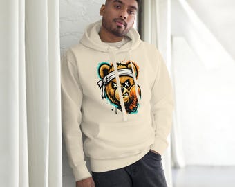 Graffiti Bear Hoodie, Black Streetwear Hoodie, Unisex Urban Pullover