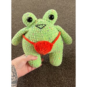 May include: A green crocheted frog plush toy with red and white accents. The frog has large, black eyes and a small, red mouth.