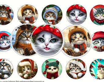 Decorazioni per tappi di bottiglia da 1" con gattini natalizi - Immagini per tappi di bottiglia da 1" - Gioielli fai da te, adesivi (download digitale)
